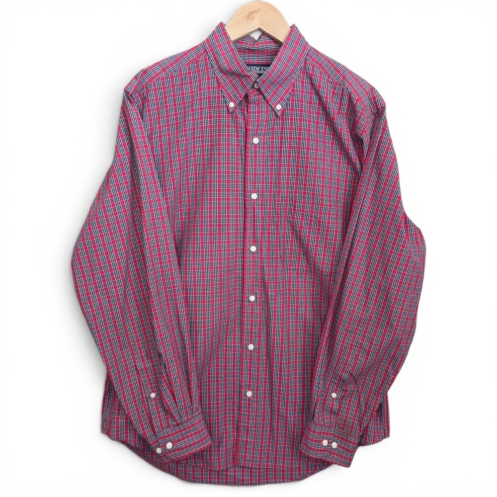 Lands‎ End Shirt Mens Medium 15-15.5 Button Down Red Plaid Regular Pocket